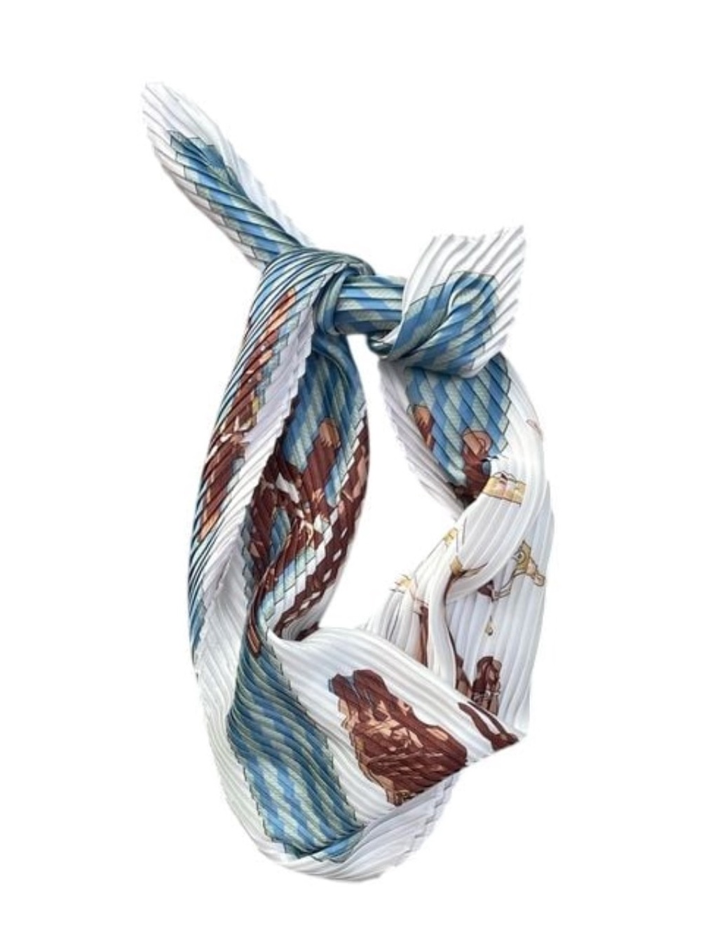 (Hermès Style) Plissé Accordion Pleated Scarf in a Blue Equestrian Print